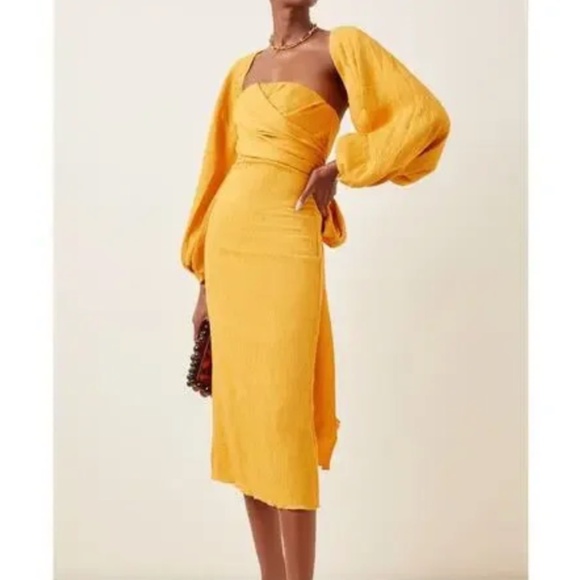JOHANNA ORTIZ LUNA MIEL CRÊPE MIDI DRESS IN YELLOW Size 8